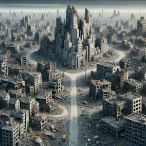 A vast, abandoned cityscape. Crumbling buildings fill the enviro...