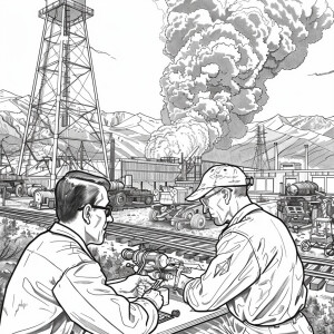 Create an image of the Manhattan project in Los Alamos for a col...