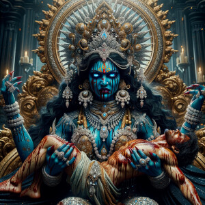 portrait of angry looking goddess kaali, blue skinned sitting on...