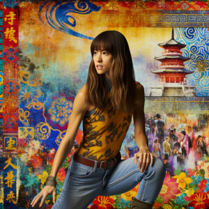 Very thin Athletic Thin skinny Attractive, Asian teenage girl, long brown hair and bangs, wearing tight skinny jeans and a halter top paint marks on her clothing, heroic sideways pose Asian graffiti background