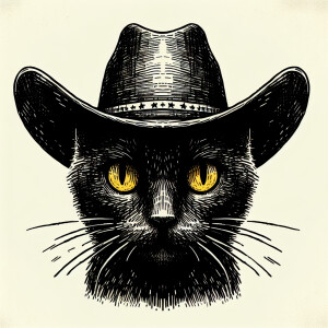 Sketch the silhouette of a cat with piercing yellow eyes and a s...