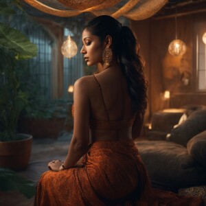 A highly detailed image of an Indian woman with long, vibrant da...