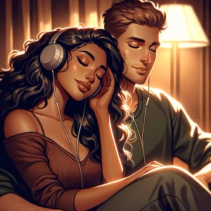 A couple relaxing and listening to music, sitting together comfo...