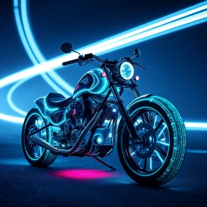 Bioluminescent futuristic chopper motorcycle,glittering filament...