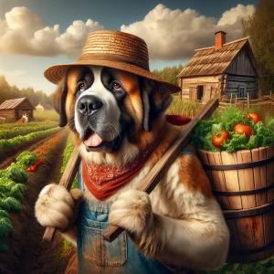a rustic farmer st bernard, with a worn straw hat and a bushy wh...
