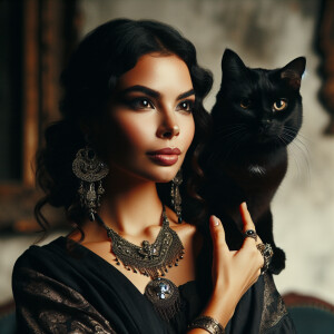 A woman with flowing dark hair and intricate jewelry stands with...