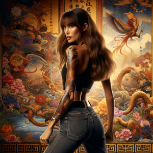 Athletic Thin skinny Attractive, Asian teenage girl, long brown hair and bangs, wearing tight skinny jeans and a halter top paint marks on her clothing, heroic pose Asian graffiti background, backside view