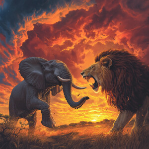 Foreground: An elephant with flared ears and a raised trunk alon...