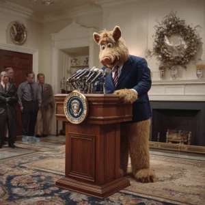 ALF from the TV show ALF dressed in a presidential suit, standin...