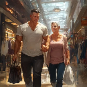 Realism style.A muscular, sweaty man walking with his 53 years...