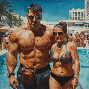 realism,a muscular beefy criminal man walking with his sweaty ka...