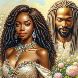 Create a 3-D realistic oil, painting of a beautiful African-American bride. She has long flooring, wavy hair and her gown has beautiful jewels around the neckline. in the background there is a beautiful African-American Jesus Christ with long dreadlocks, and he is smiling. He is very handsome pastel flowers throughout the image.