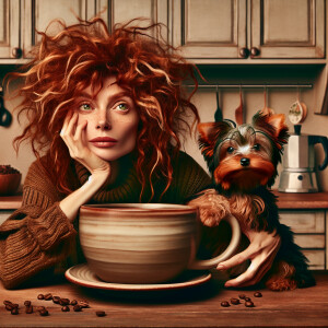 A whimsical funny pretty woman with shaggy curly red hair, share...
