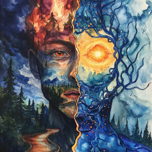 An alcohol ink watercolor painting of a surrealistic portrait of...