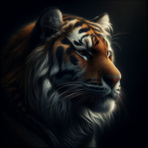 /imagine prompt:A ultra-hyper-photorealistic depiction of a tiger, captured in a contemplative moment. The intensity of its gaze is magnified against the dark backdrop, with the natural hues of its fur strikingly vivid. The lighting softly illuminates the face, highlighting the tiger's thoughtful expression and the intricate patterns of its fur. Created Using: advanced digital imaging for lifelike detail, rich color dynamics, glibatree prompt, focused illumination to capture the mood, depth of field to emphasize the gaze, realistic portrayal of fur texture and color nuances --ar 1:1