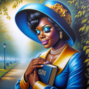 An airbrush oil painting captures an African American woman in a...
