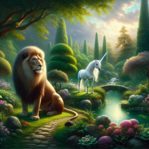 generate an image of a lion with a beautiful unicorn in a garden...