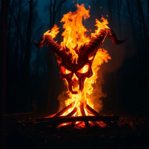 A campfire in the woods. The huge flames take the form of a haun...