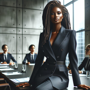 Describe a sophisticated Black woman with a caramel 
complexion, styled locs, and a sleek business suit, leading 
a boardroom discussion on environmental sustainability in 
a sleek urban office building."