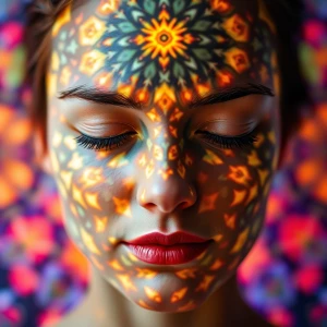 An artistic close-up portrait of a person whose face is painted...