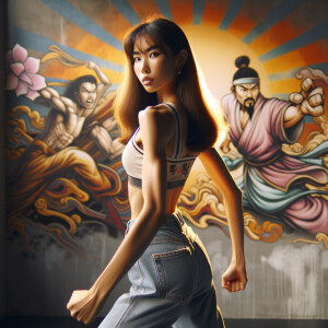 Athletic Thin skinny Attractive, Asian teenage girl, long brown hair and bangs, wearing tight skinny jeans and a halter top paint marks on her clothing, heroic pose Asian graffiti background, backside view