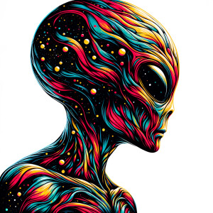 Clean alien graphic illustrated in cosmic colors on a white blan...