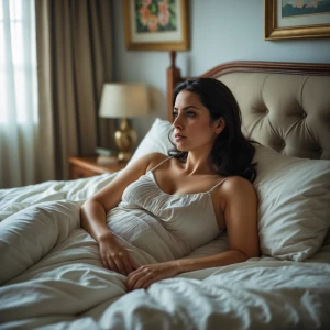 Una mujer sentada en su cama