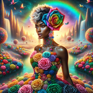 Remix Prompt
S/O Jackie Torres
S/O Panda Locke

create a animated style hyper realistic airbrush whimsical oil painting of a light skin African American woman wearing a flawless beautiful colorful blossom dress long flowing with colorful flowers and ruffles on the dress colorful jewelry made of flowers she has black and blonde pixie cut a colorful rose in her hair her peep toe shoes is matching her dress behind her is a beautiful waterfall liquid glowing lights beautiful colorful rainbow surrounded by beautiful roses.