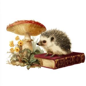 Gray hedgehog sitting beside brown mushroom, vintage book illust...