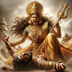 photograph of angry looking, indian goddess trampling a defeated mahishasur with her foot, while he is lying on the ground, she has a trident in her hand. She is wearing gold armor, a huge gold crown, gold saree, abundant  gold jewelry, covered in blood. The scene is set in ancient India. The image is 8K resolution, cinematic, photography, ultra detailed face and epic.