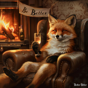 A studious female fox sitting in a leather recliner. Toasting wi...