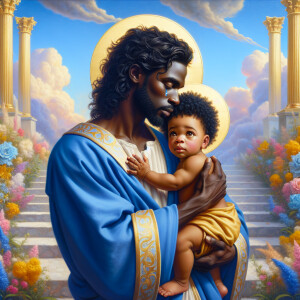 Classical oil painting style depicting an African-American Jesus...