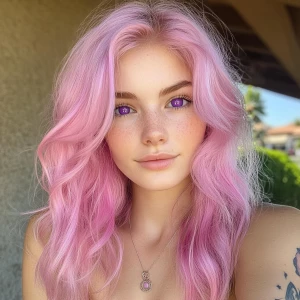 Photo of A stunning 24yo female, pink hair and purple eyes.