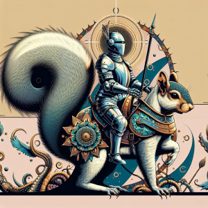 Squirrel knight, riding armored cat
