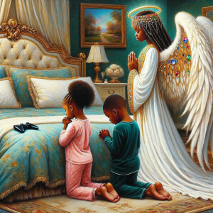 An oil painting of two African-American children with dark skin,...