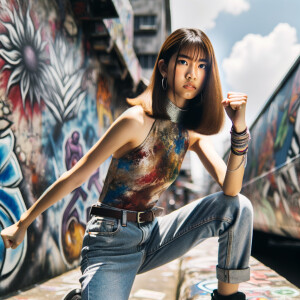 teenage girl, long brown hair and bangs, wearing tight skinny jeans and a halter top paint marks on her clothing, heroic pose Asian graffiti background, nearing on one knee