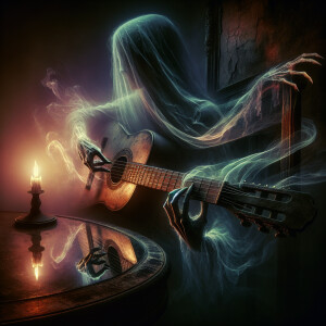 In a corner of the room, under twilight’s spell, An old guitar w...