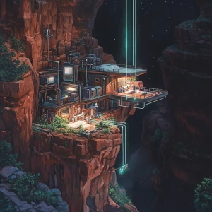 "A close-up view of the hidden cliffside settlement at night, wi...