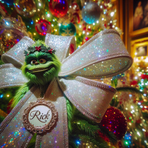 crystallized ribbon name *"rick" wrapped around a christmas tree...