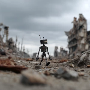Small black silhouette of the robot to walk through a ruined cit...