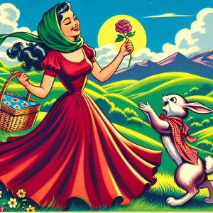 A vibrant, classic cartoon scene showing a young woman in a flowing red dress holding a picnic basket. She’s laughing as a bunny sits up on its hind legs, offering her a flower. In the background, rolling green hills and a bright blue sky frame the playful, colorful moment.