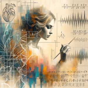 Abstract, minimalist, painting, with pencil line, paint stroke, gestures, colorful marks, mathematical equations, electrical cardiogram, printouts complex math formulas, dna asian teen girl