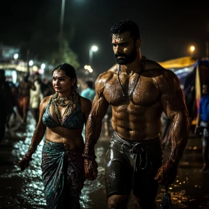 A gujarati muscular man sweat on body walking with his 54 year o...