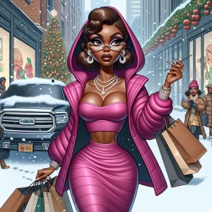 African-American Betty Boop with hazelnut-brown skin, strolls in...