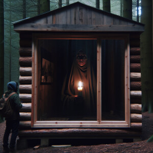 I am walking toward a wood cabin house located in middle of a fo...