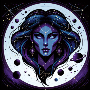 Vector-style portrait of a celestial goddess, long flowing hair...