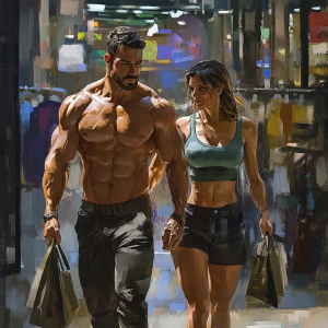 Realism  art style.A muscular, sweaty man walking with his 43 ye...