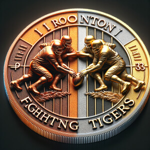 Create a coin, the coin is copper, gold and silver, the coin has two gootball players going head to head.  The coin reads"Ironton Fighting Tigers"