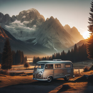 A retro-style camper van with mountains in the background
