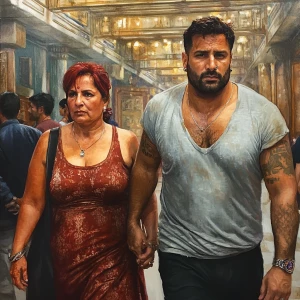 realism art 1:1 .A sweaty beefy man walking with his 54 year old...